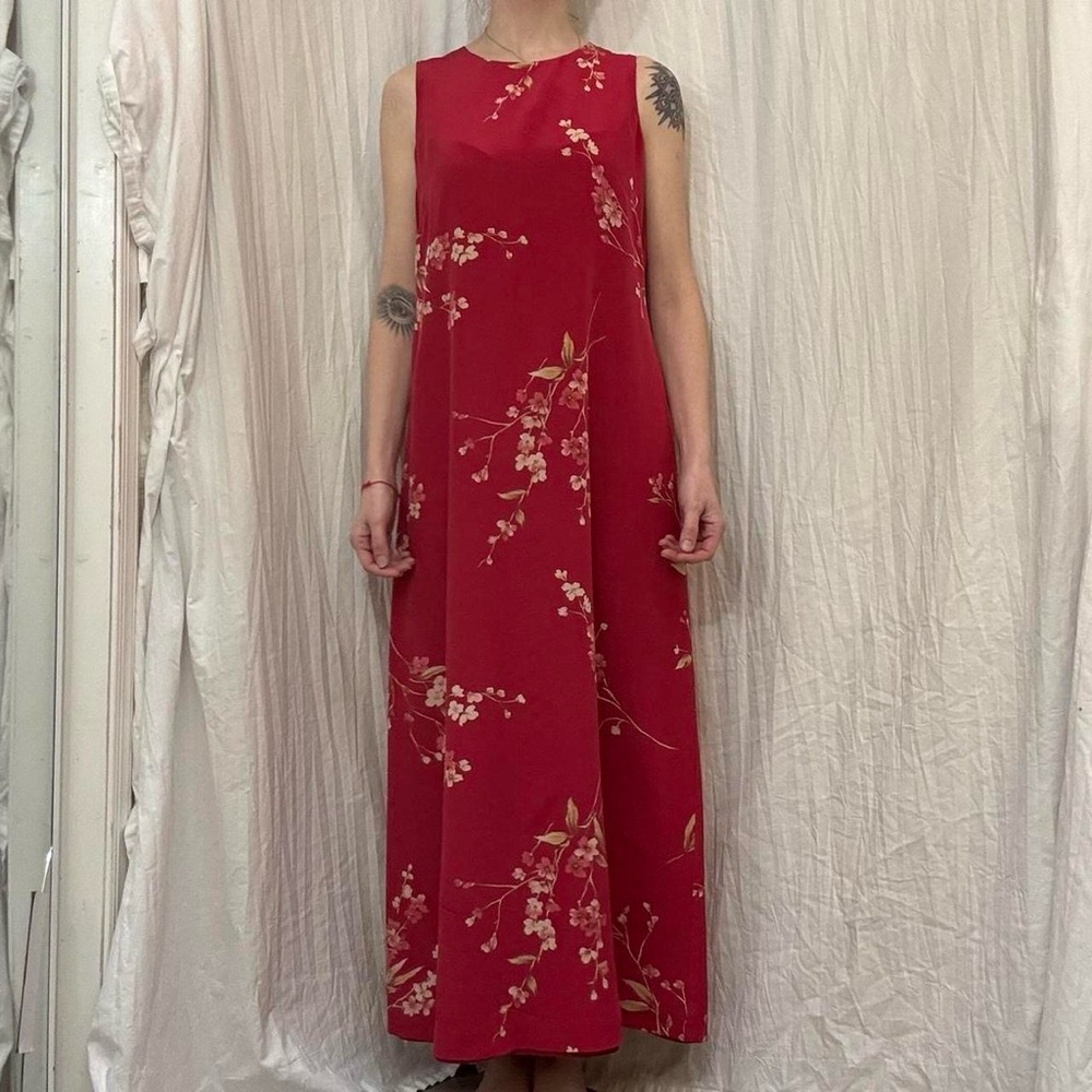 Silk Red Floral Midi Dress Vintage Jones New York Medium - Picture 6 of 8